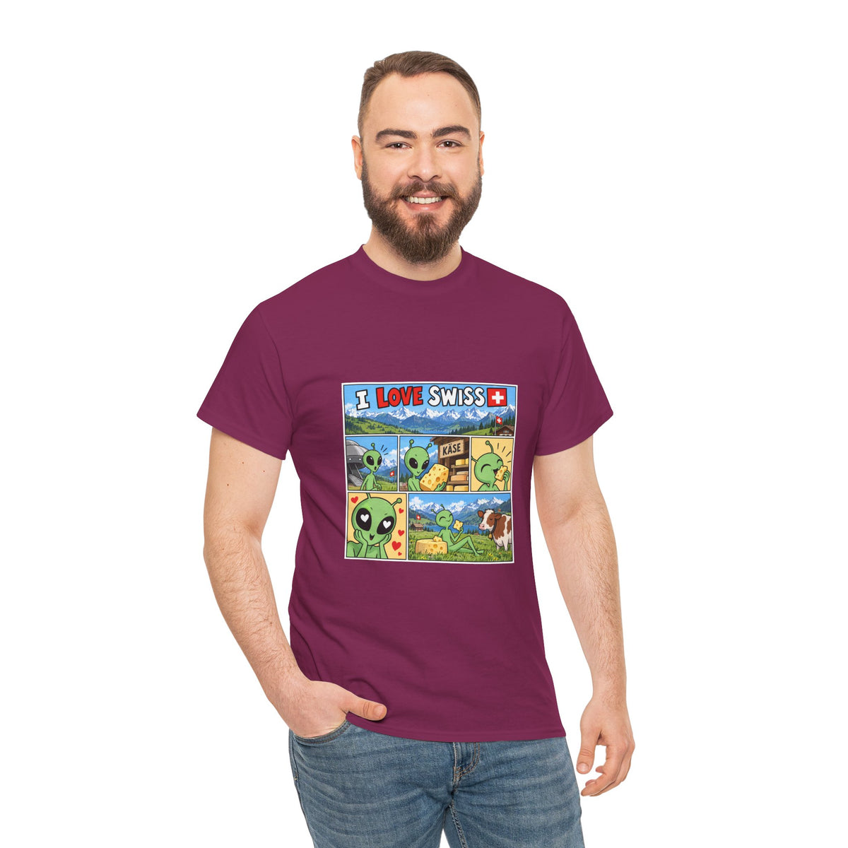 Swiss Comic T-Shirt mit Alien & Kuh – Schweiz Souvenir