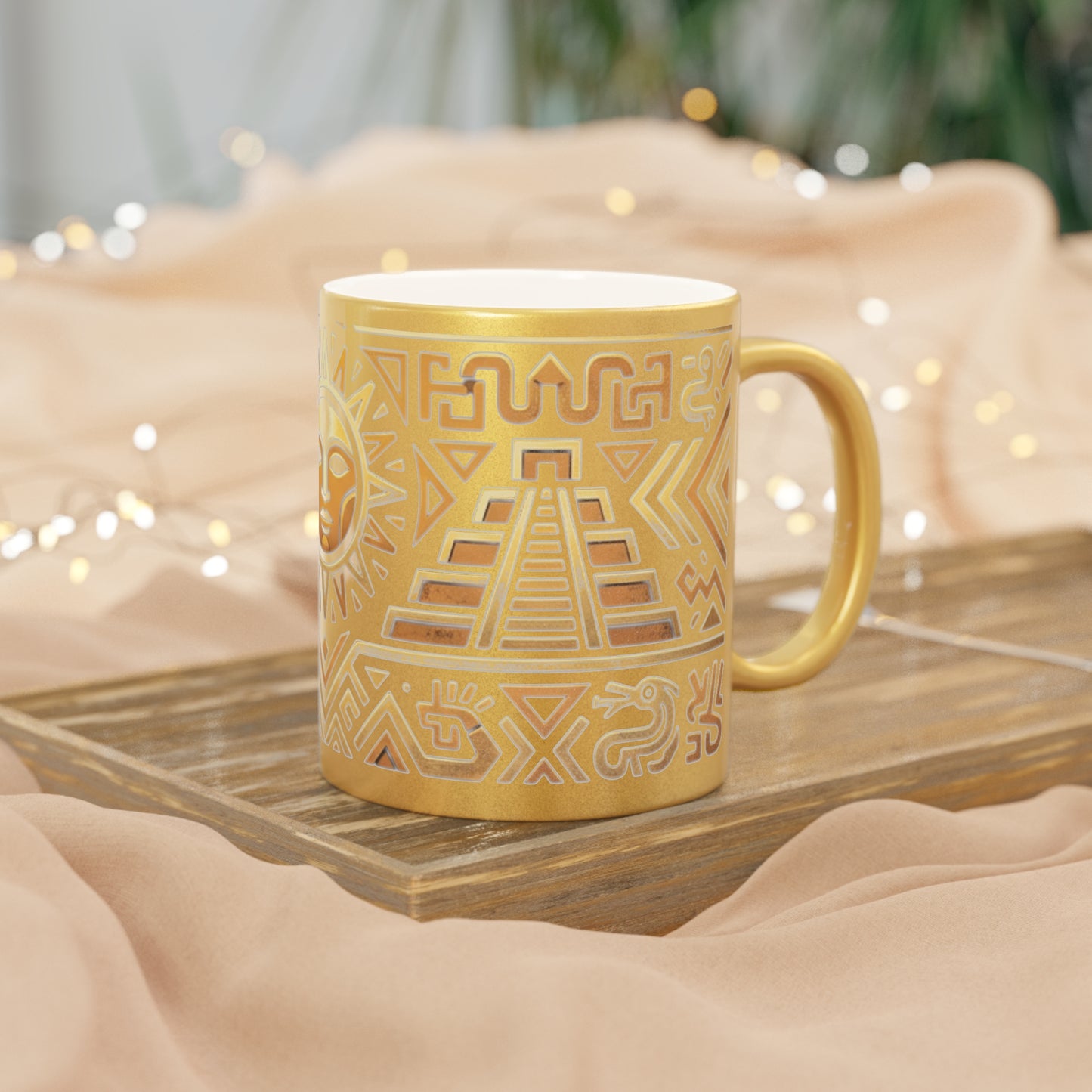 Aztec Sun Metallic Mug — Gold & Silver Tribal Ceramic Coffee Cup