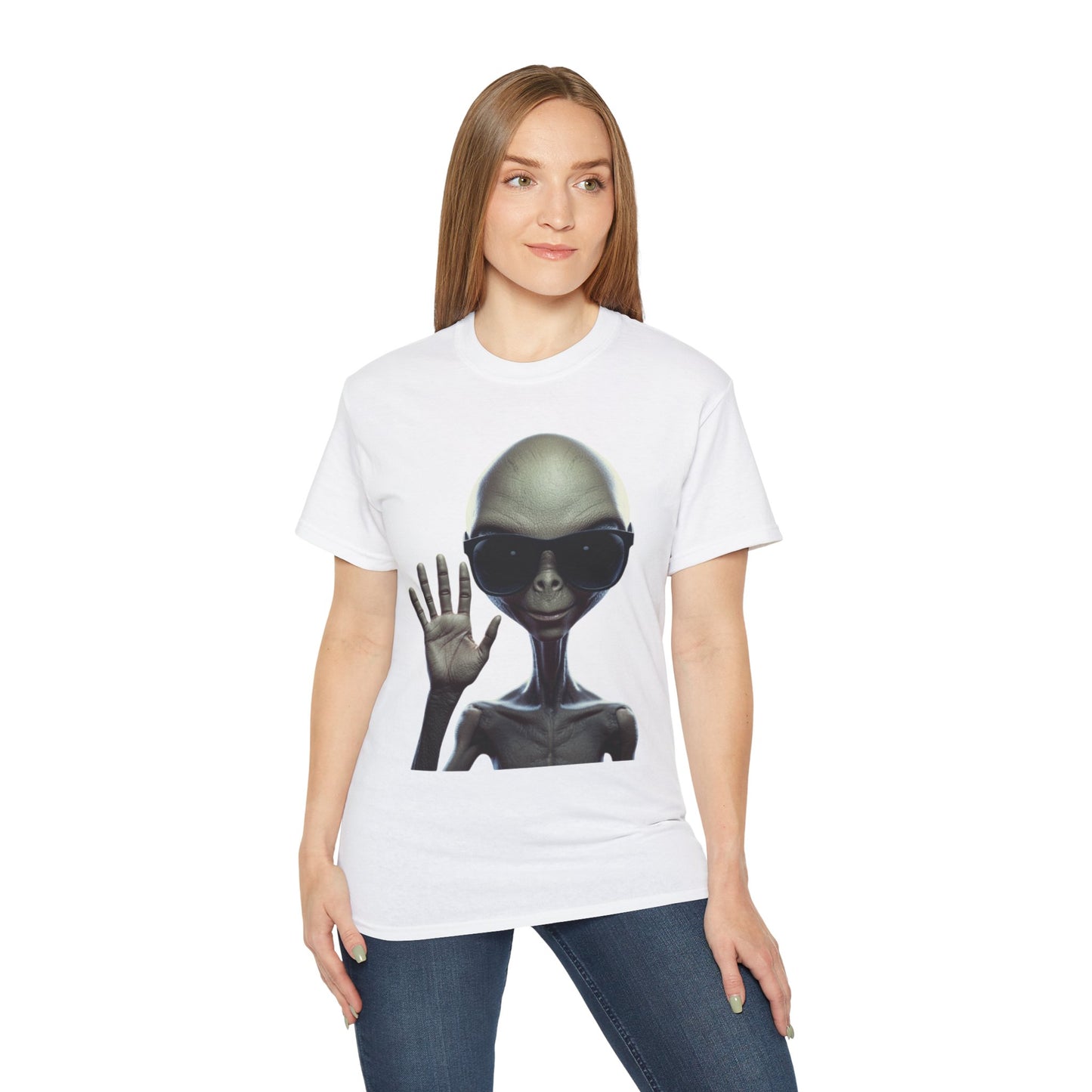 Alien Greeting T-Shirt — Retro Grey Extraterrestrial Waving Graphic Tee