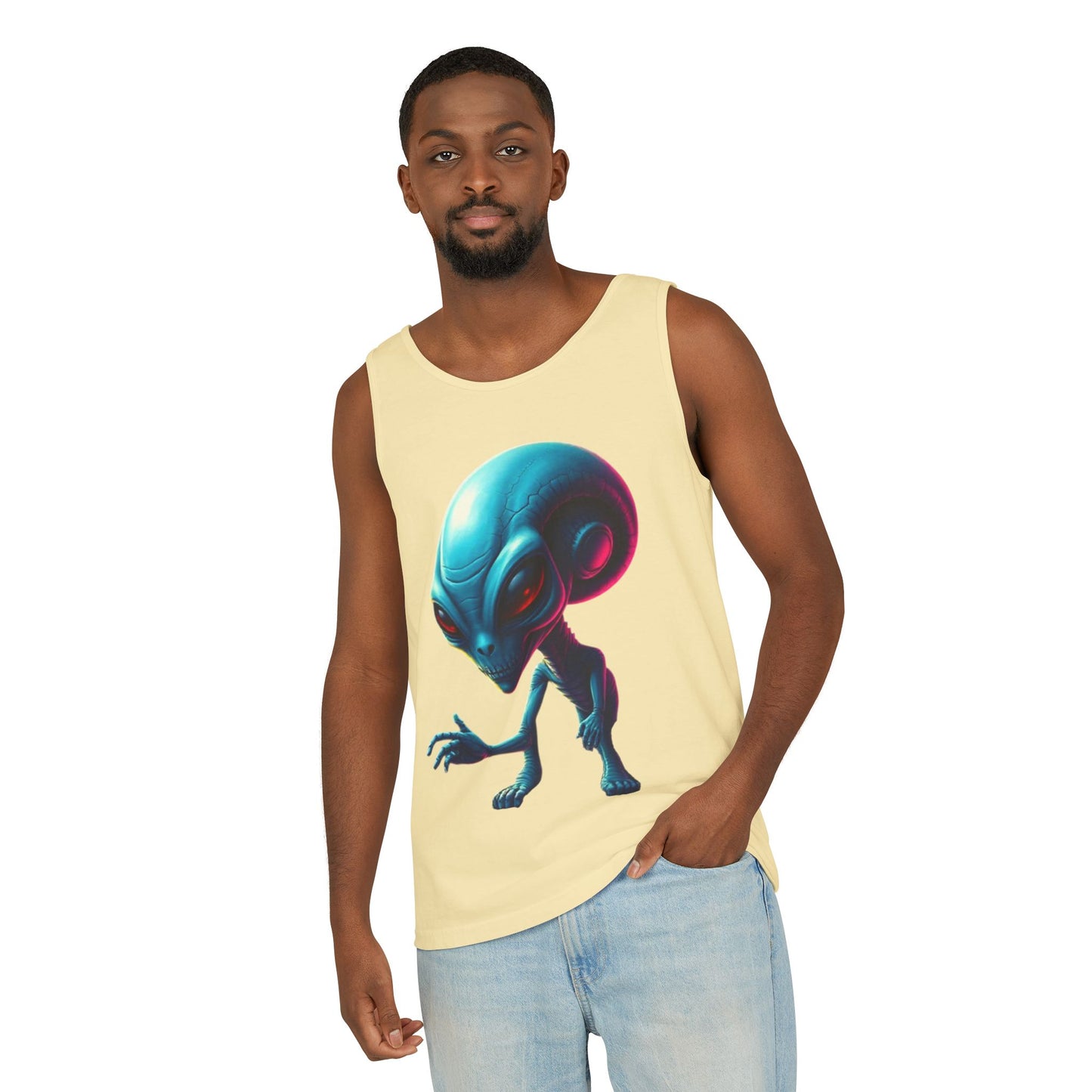 Alien Graphic Tank Top — Neon Blue Extraterrestrial Illustration