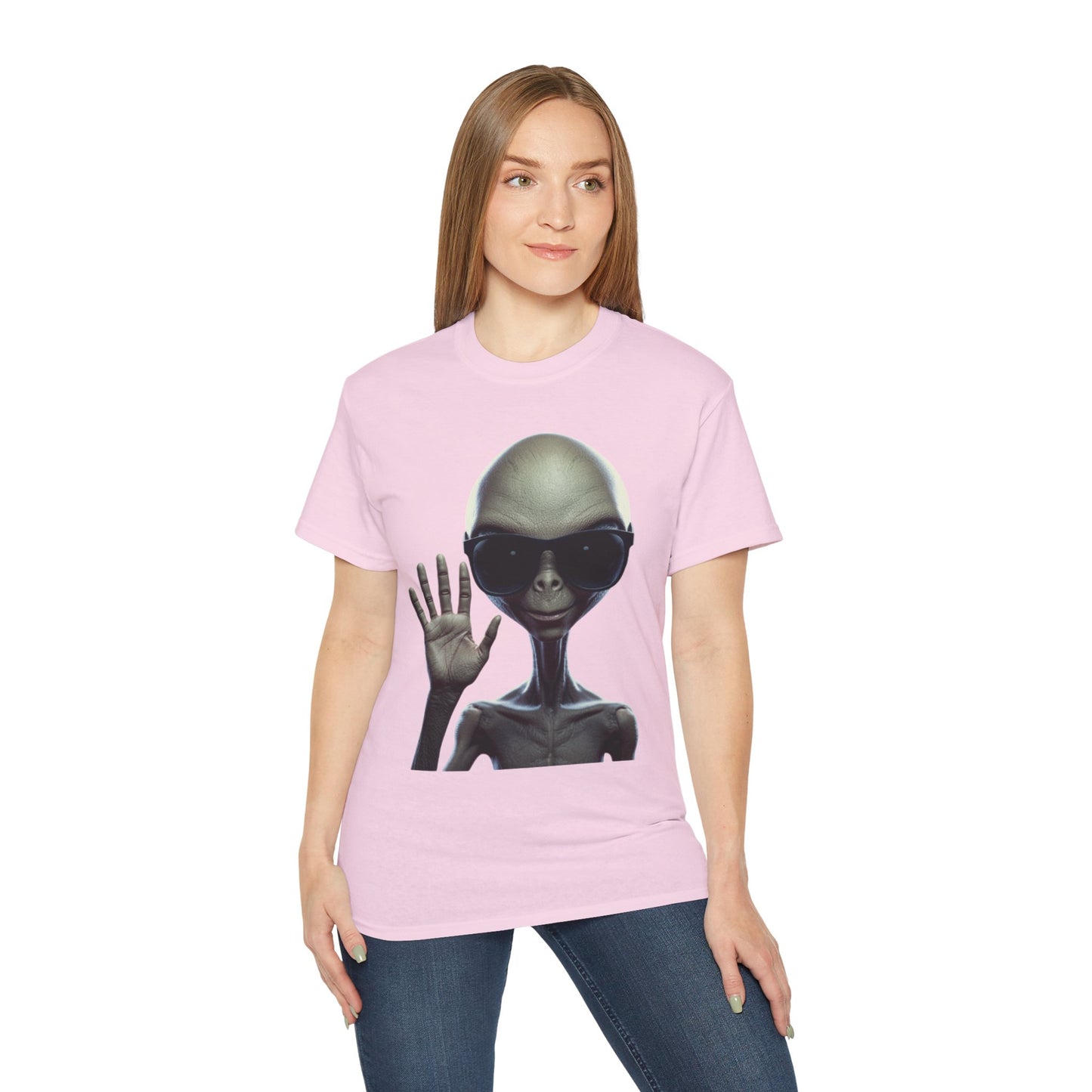 Alien Greeting T-Shirt — Retro Grey Extraterrestrial Waving Graphic Tee