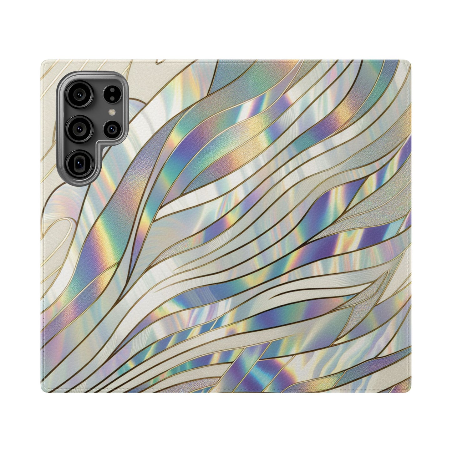 Holographic Wave Flip Phone Case — Iridescent Marble Wallet Cover