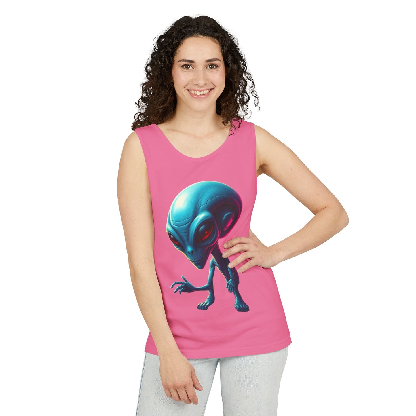 Alien Graphic Tank Top — Neon Blue Extraterrestrial Illustration