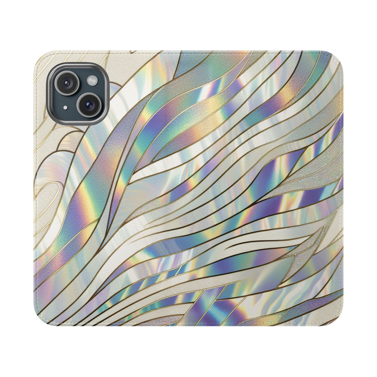 Holographic Wave Flip Phone Case — Iridescent Marble Wallet Cover