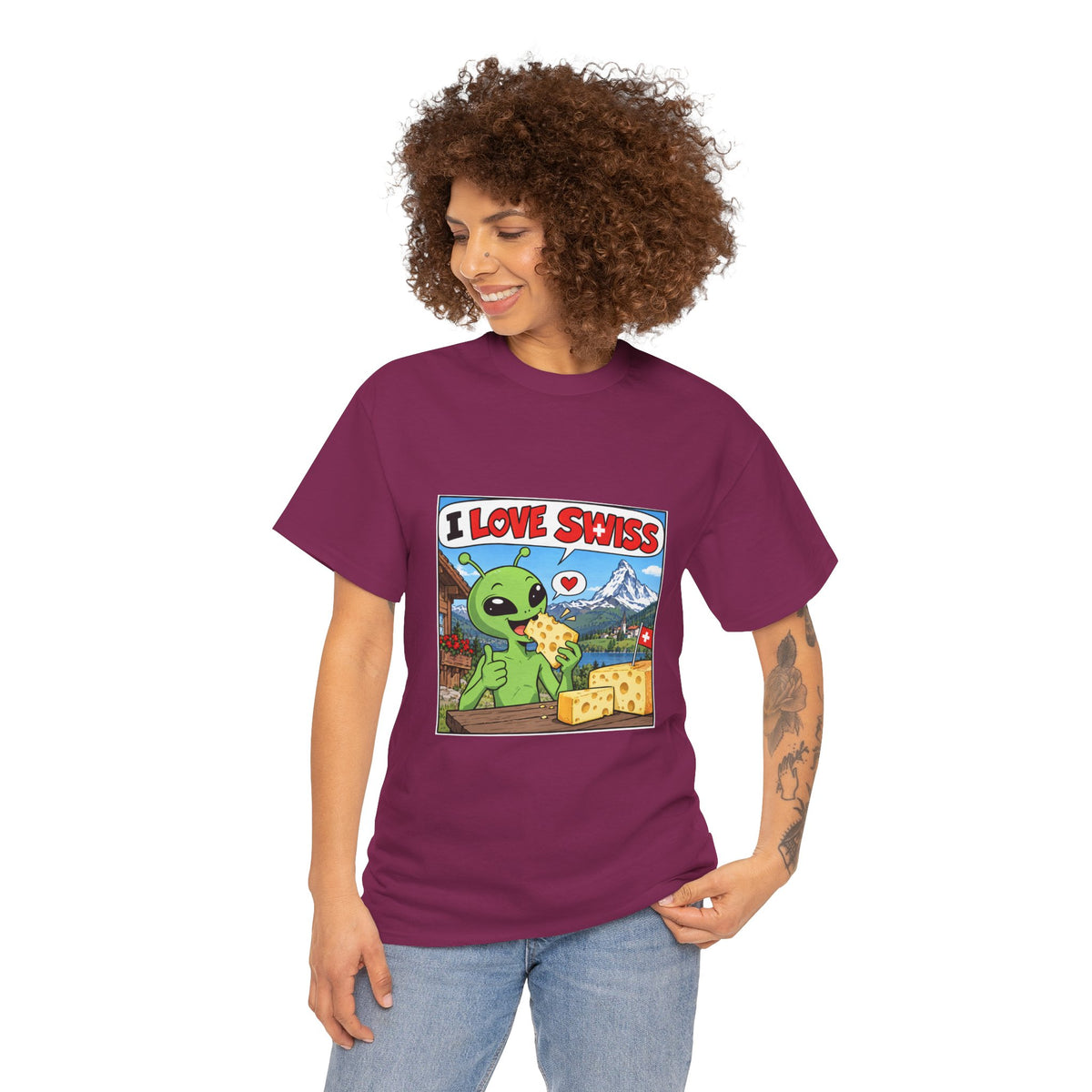 I Love Swiss Alien T-Shirt – lustiges Schweiz-Shirt mit Alien