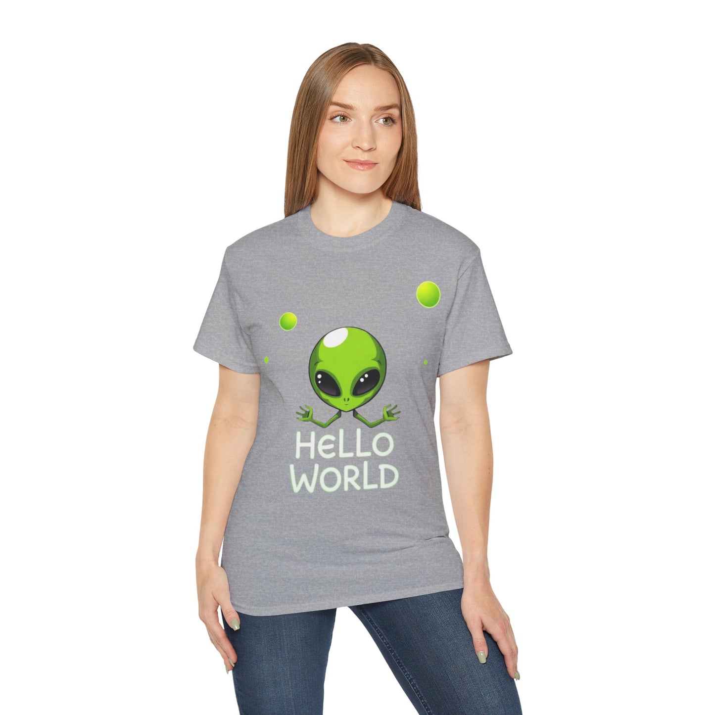 Alien Graphic Tee – "Hello World" Cute Green Alien T‑Shirt