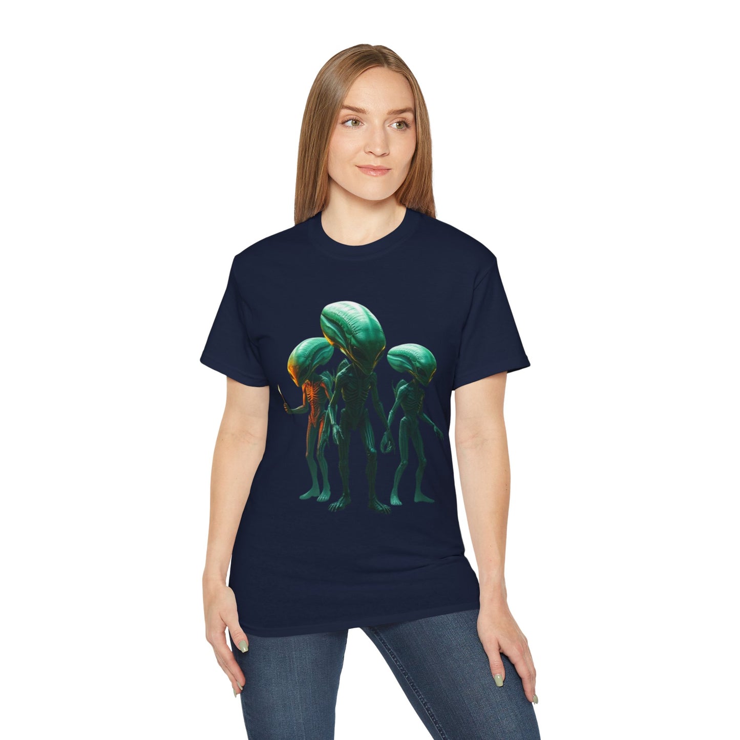 Alien Trio Graphic Tee — Retro Sci‑Fi Crewneck for Fans