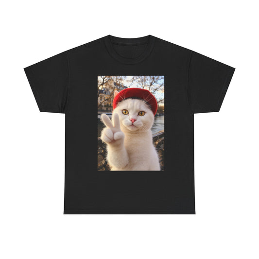 Playful Cat Peace Tee - Unisex Heavy Cotton Shirt, Cute Cat T-Shirt, Animal Lover Gift, Fun Graphic Tee, Unique Cat Gift