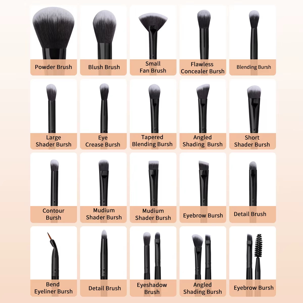 29Pcs Makeup Tool Kit 20 Pcs Makeup Brushes+9 Pc Makeup Sponge Air Cushion Powder Puff Finger Puff Set Portable Makeup Tool