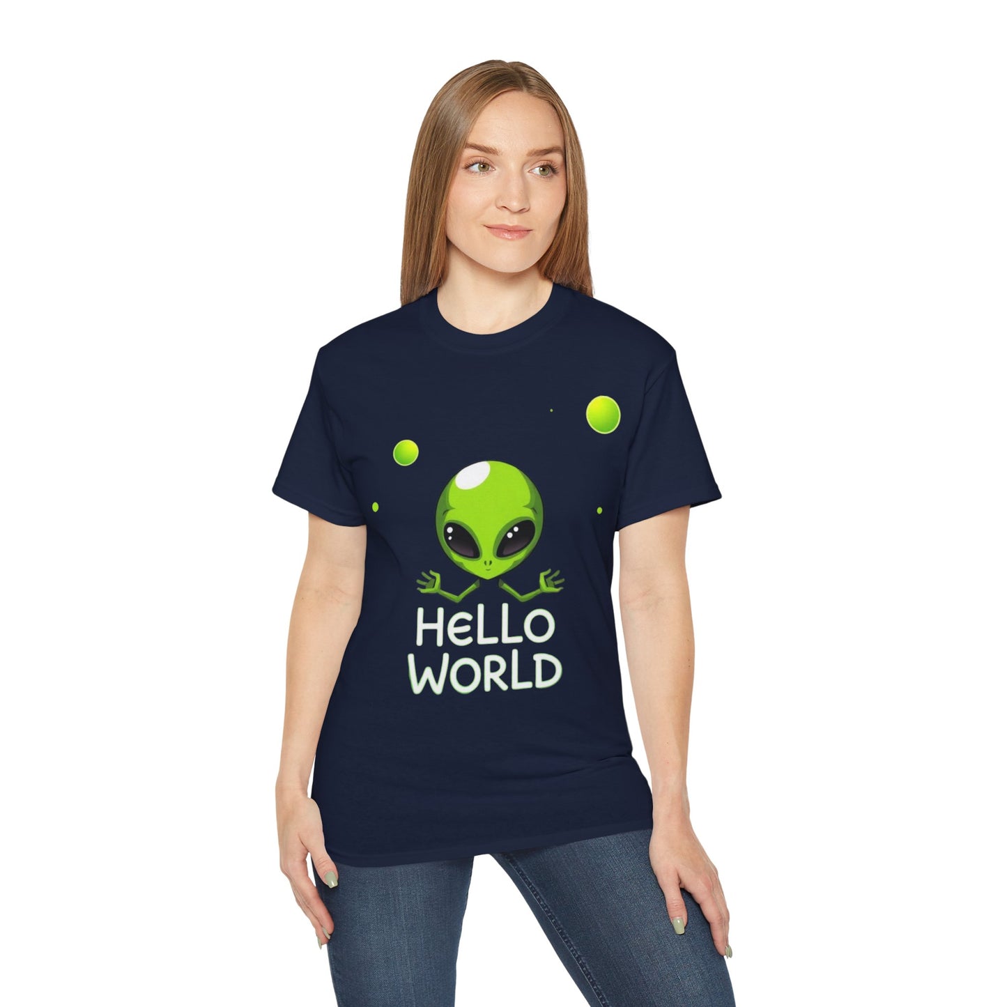 Alien Graphic Tee – "Hello World" Cute Green Alien T‑Shirt