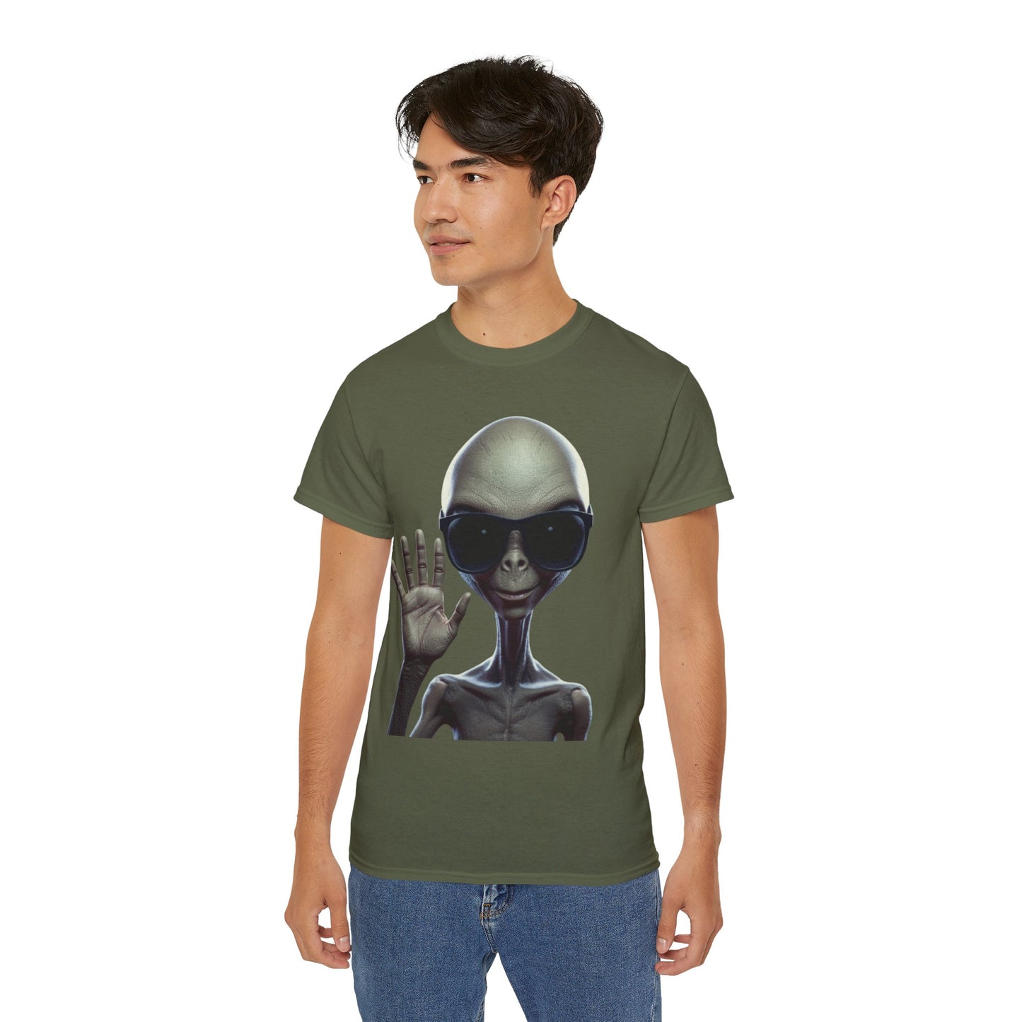 Alien Greeting T-Shirt — Retro Grey Extraterrestrial Waving Graphic Tee