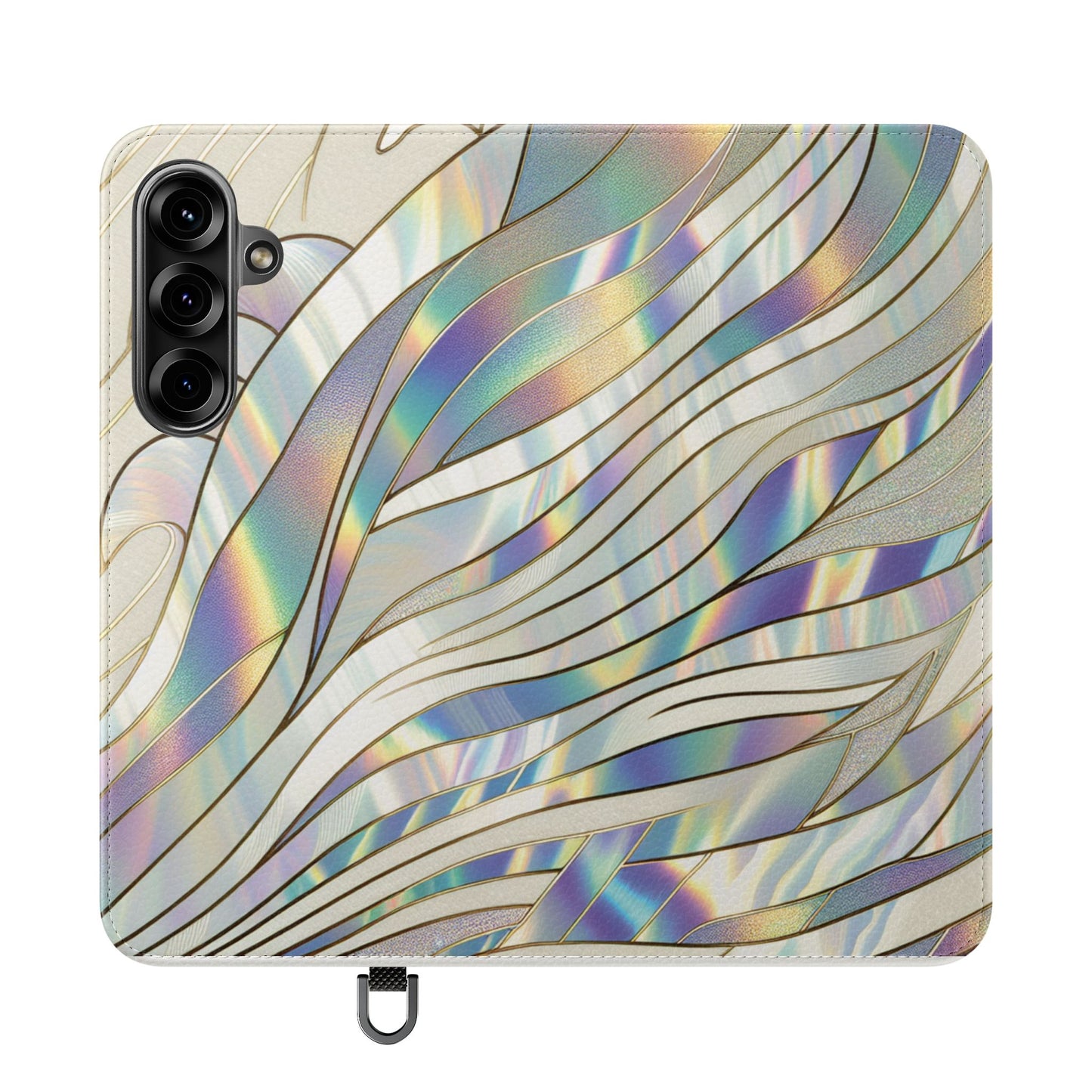 Holographic Wave Flip Phone Case — Iridescent Marble Wallet Cover
