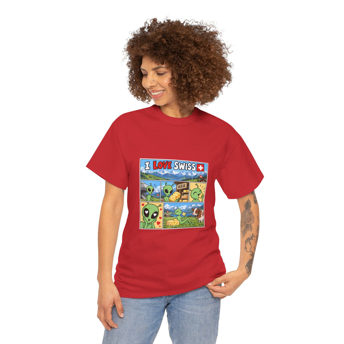 Swiss Comic T-Shirt mit Alien & Kuh – Schweiz Souvenir