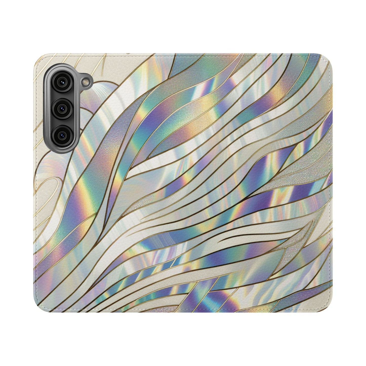 Holographic Wave Flip Phone Case — Iridescent Marble Wallet Cover