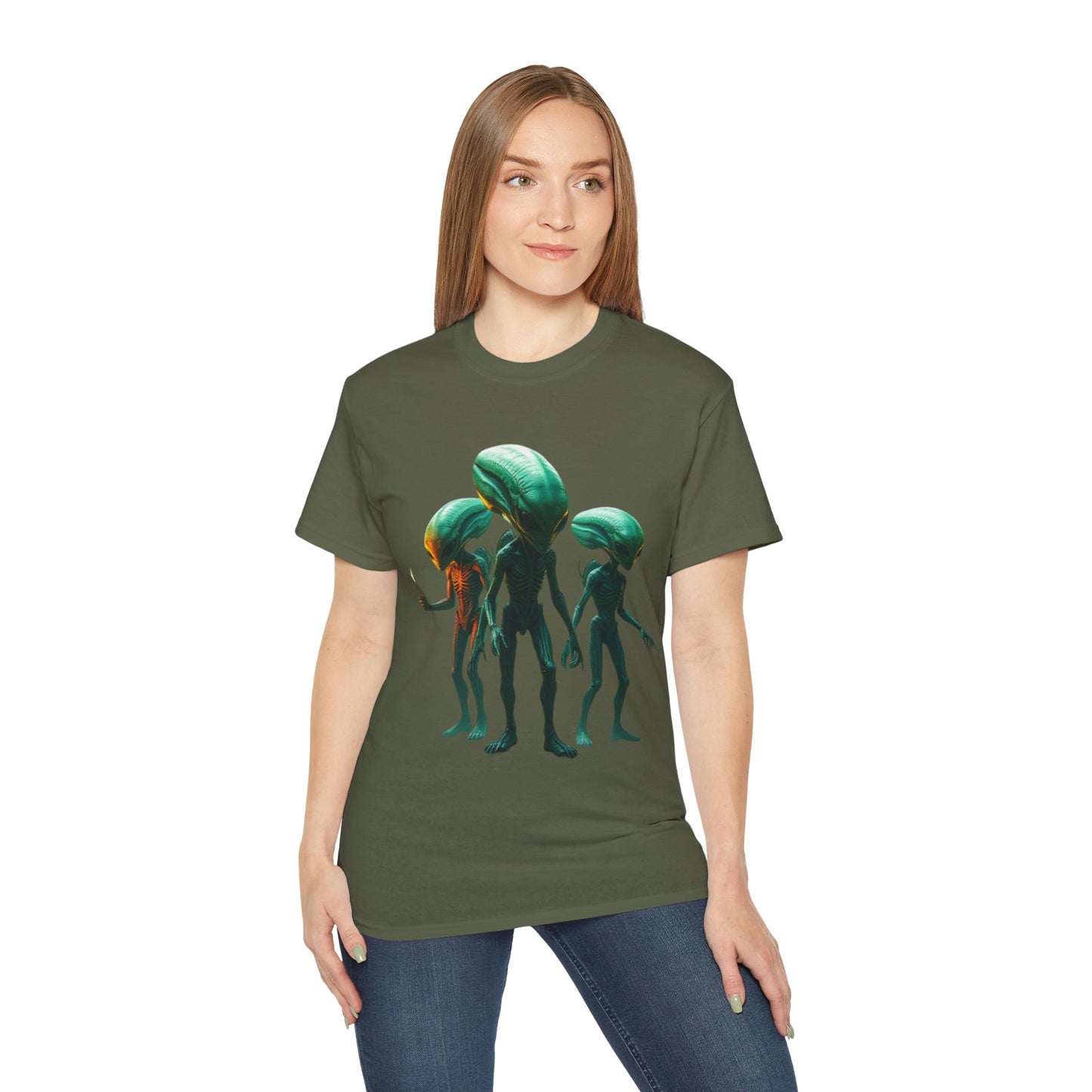 Alien Trio Graphic Tee — Retro Sci‑Fi Crewneck for Fans