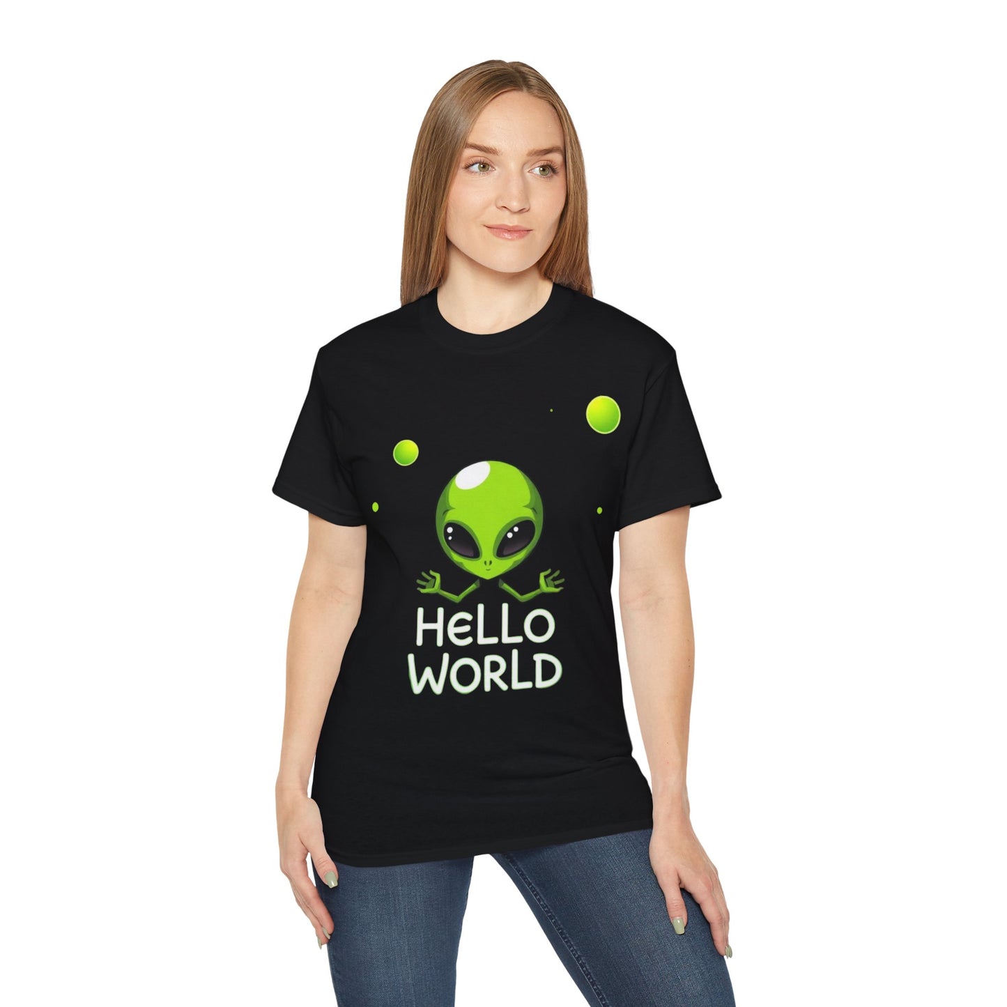 Alien Graphic Tee – "Hello World" Cute Green Alien T‑Shirt
