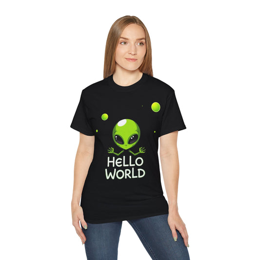 Alien Graphic Tee – "Hello World" Cute Green Alien T‑Shirt