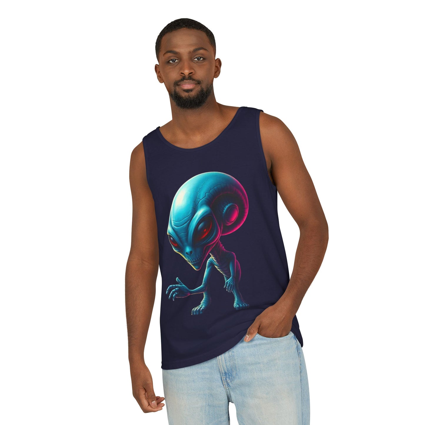 Alien Graphic Tank Top — Neon Blue Extraterrestrial Illustration