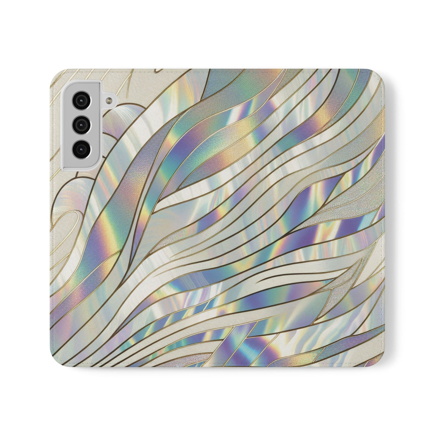 Holographic Wave Flip Phone Case — Iridescent Marble Wallet Cover