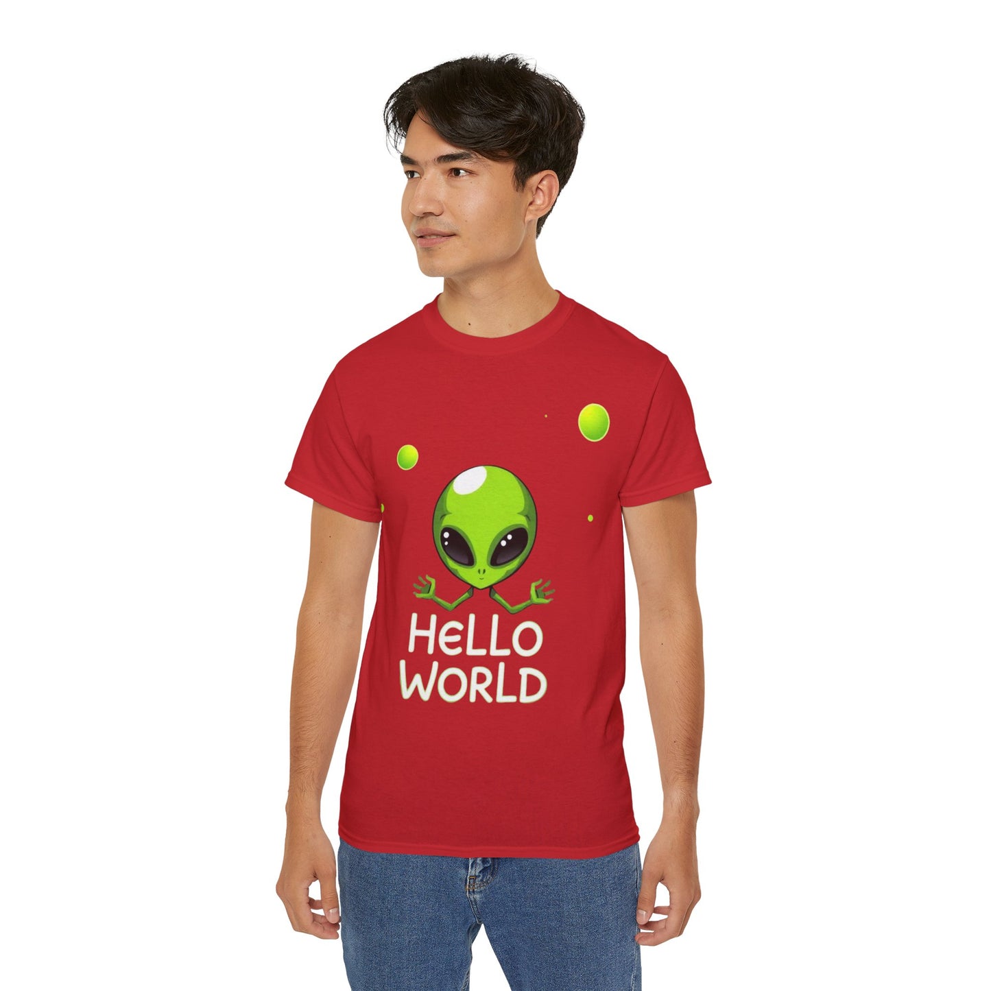 Alien Graphic Tee – "Hello World" Cute Green Alien T‑Shirt