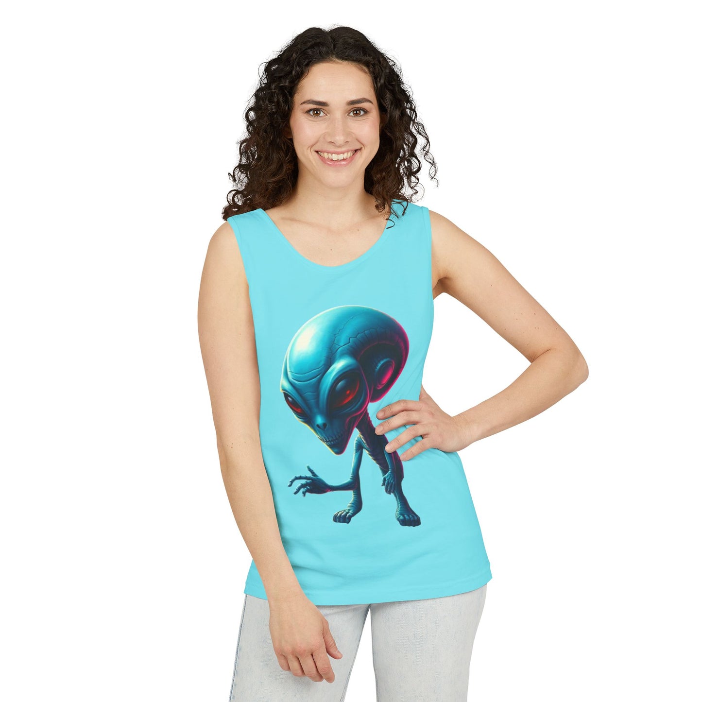Alien Graphic Tank Top — Neon Blue Extraterrestrial Illustration