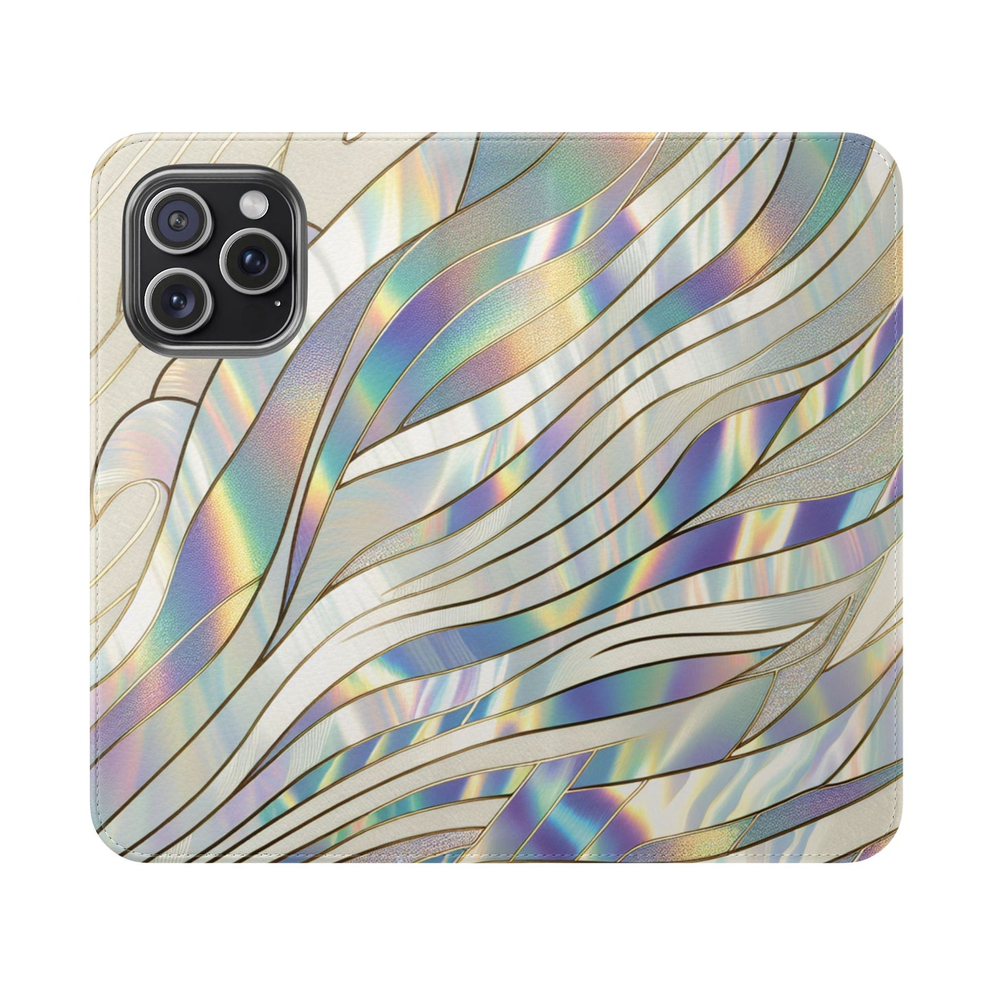 Holographic Wave Flip Phone Case — Iridescent Marble Wallet Cover