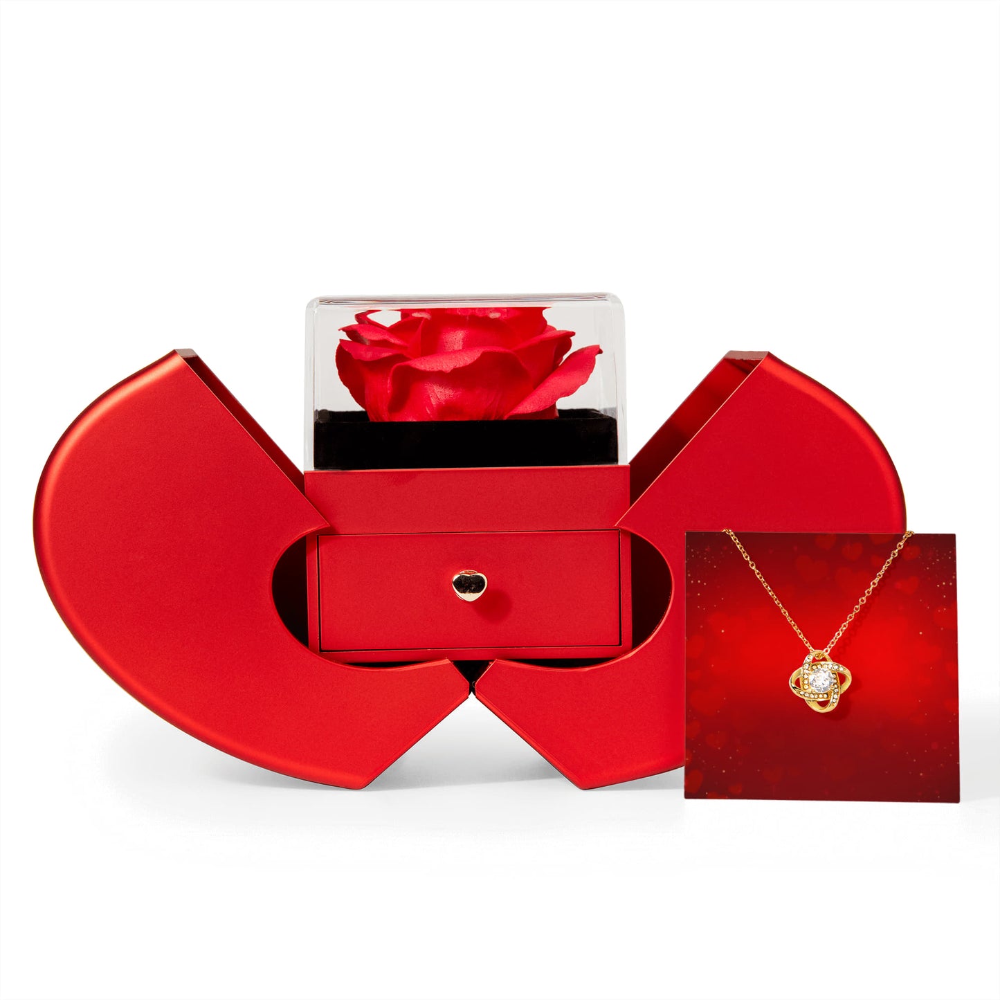 Liebesknoten-Halskette mit roter Herz-Rosen-Box