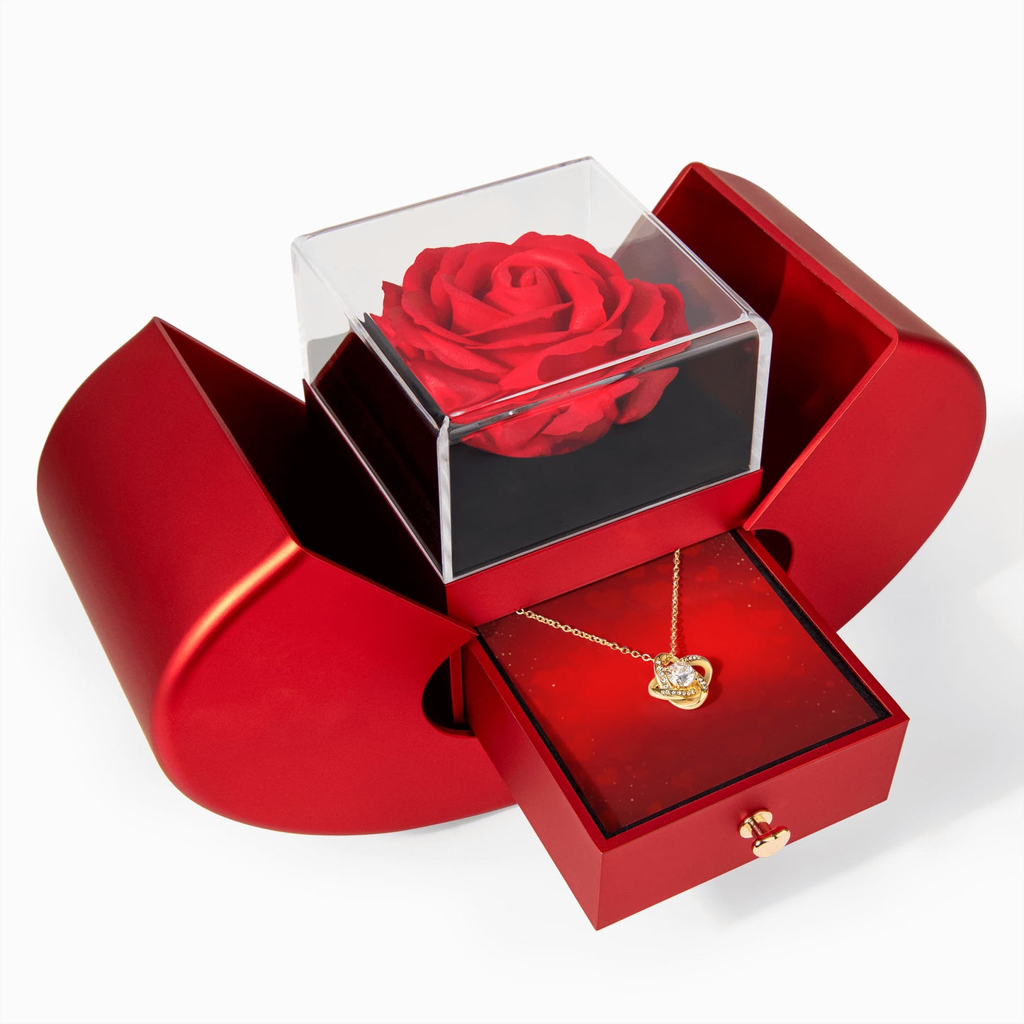 Liebesknoten-Halskette mit roter Herz-Rosen-Box