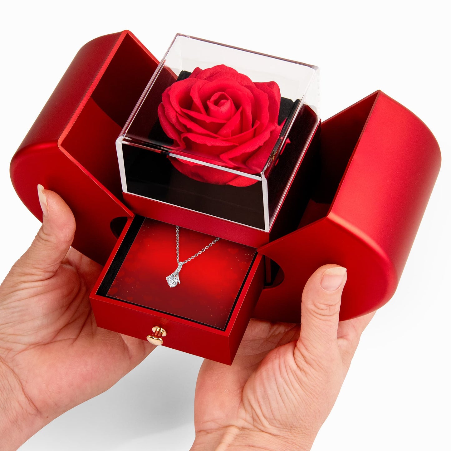 Verführerische Beauty-Halskette mit roter Herz-Rosen-Box