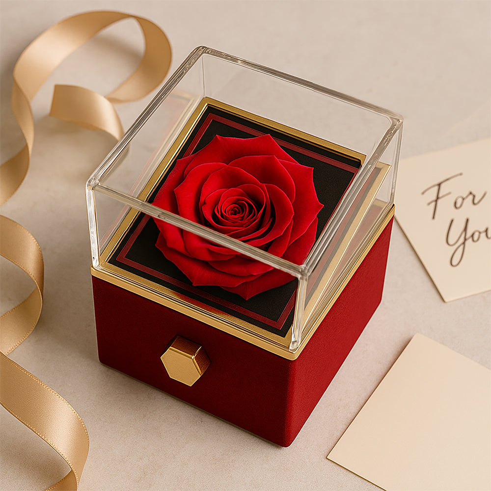Verführerische Schönheit mit rotierender Rosen-Geschenkbox