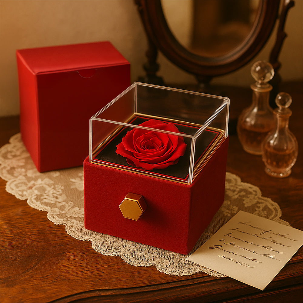 Verführerische Schönheit mit rotierender Rosen-Geschenkbox